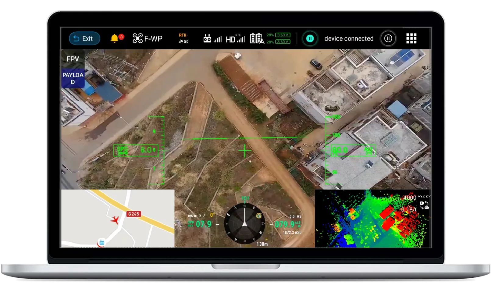 Application GreenValley sur ordinateur portable : nuage de points du LiAir H600 en temps réel